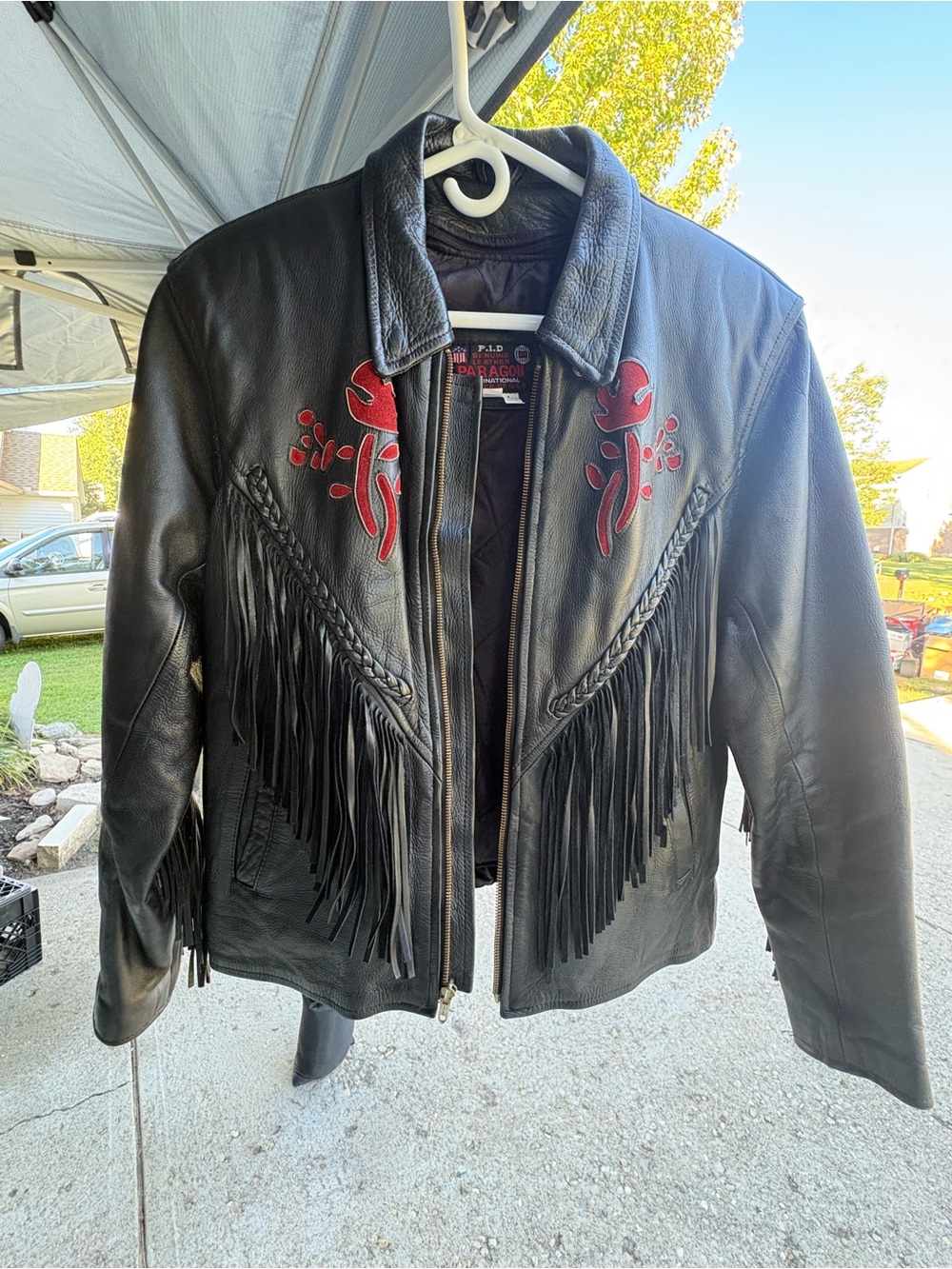 PARAGON Black Leather Fringe Jacket with Red Embroidered Accents